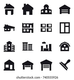 16 vector icon set : home, mansion, garage, house with garage, modular house, panel house, window, building, district, city, house, scraper