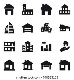 16 vector icon set : home, mansion, cottage, skyscraper, garage, modern architecture, house with garage, modular house, building, city, real estate, house