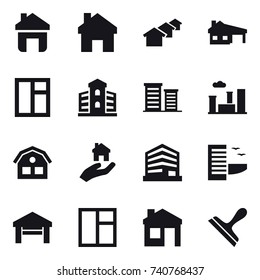 16 vector icon set : home, houses, house with garage, window, building, district, city, house, real estate, hotel, garage, scraper