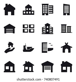 16 vector icon set : home, cottage, houses, skyscraper, garage, panel house, building, district, real estate, hotel, bungalow, house
