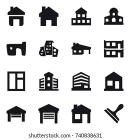 16 vector icon set : home, cottage, mansion, slum, modern architecture, house with garage, modular house, window, building, garage, house, scraper
