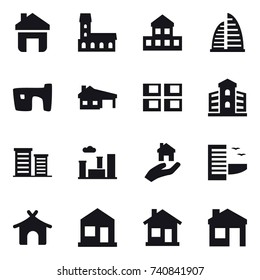 16 vector icon set : home, mansion, cottage, skyscraper, slum, house with garage, panel house, building, district, city, real estate, hotel, bungalow, house