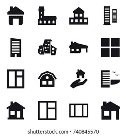 16 vector icon set : home, mansion, cottage, skyscrapers, skyscraper, modern architecture, house with garage, window, house, real estate, hotel