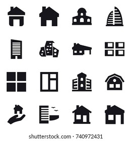 16 vector icon set : home, mansion, skyscraper, modern architecture, house with garage, panel house, window, building, house, real estate, hotel