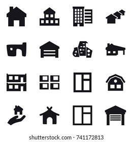 16 vector icon set : home, cottage, houses, slum, garage, modern architecture, house with garage, modular house, panel house, window, house, real estate, bungalow