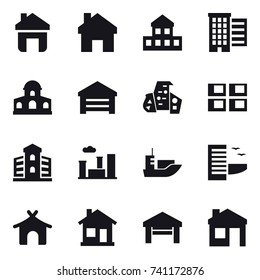 16 vector icon set : home, cottage, houses, mansion, garage, modern architecture, panel house, building, city, hotel, bungalow, house