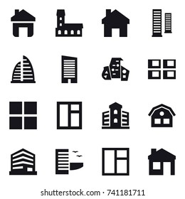 16 vector icon set : home, mansion, skyscrapers, skyscraper, modern architecture, panel house, window, building, house, hotel