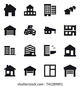 16 Vector Icon Set : Home, Cottage, Houses, Garage, Modern Architecture, House With Garage, Modular House, District, Hotel, Window