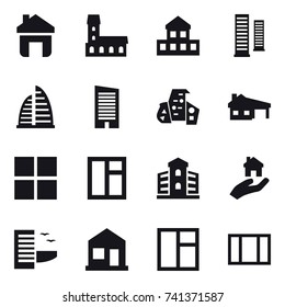 16 vector icon set : home, mansion, cottage, skyscrapers, skyscraper, modern architecture, house with garage, window, building, real estate, hotel