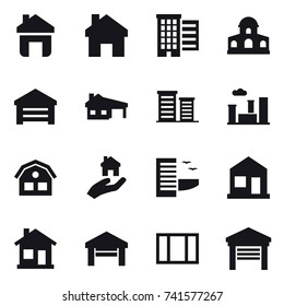 16 vector icon set : home, houses, mansion, garage, house with garage, district, city, house, real estate, hotel, window