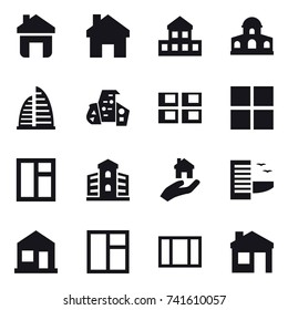 16 vector icon set : home, cottage, mansion, skyscraper, modern architecture, panel house, window, building, real estate, hotel, house
