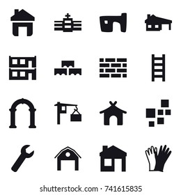 16 vector icon set : home, slum, house with garage, modular house, block wall, brick wall, stairs, arch, bungalow, wrench, barn, house, gloves