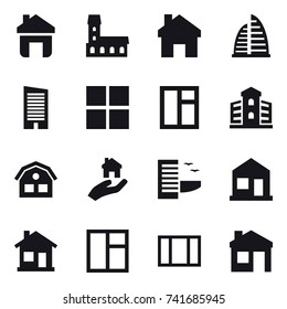 16 vector icon set : home, mansion, skyscraper, window, building, house, real estate, hotel