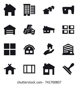 16 vector icon set : home, houses, slum, garage, modern architecture, house with garage, panel house, window, house, real estate, bungalow, scraper