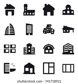 16 vector icon set : home, mansion, skyscraper, modern architecture, house with garage, panel house, building, house, hotel, window