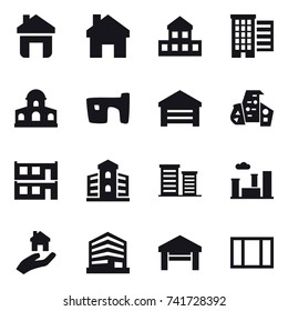 16 vector icon set : home, cottage, houses, mansion, slum, garage, modern architecture, modular house, building, district, city, real estate, window