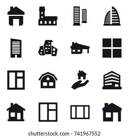 16 vector icon set : home, mansion, skyscrapers, skyscraper, modern architecture, house with garage, window, house, real estate