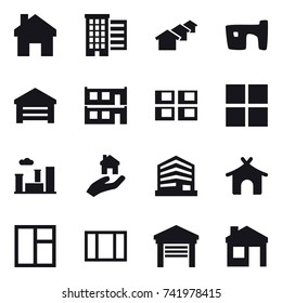 16 vector icon set : home, houses, slum, garage, modular house, panel house, window, city, real estate, bungalow, house