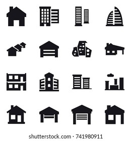 16 vector icon set : home, houses, skyscrapers, skyscraper, garage, modern architecture, house with garage, modular house, building, district, city, house