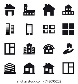 16 vector icon set : home, mansion, cottage, skyscrapers, skyscraper, panel house, window, building, house, real estate