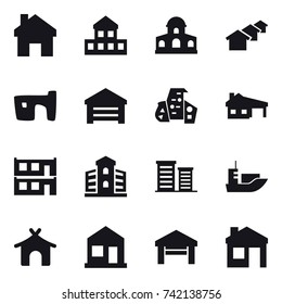 16 vector icon set : home, cottage, mansion, houses, slum, garage, modern architecture, house with garage, modular house, building, district, bungalow, house
