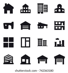 16 vector icon set : home, cottage, houses, mansion, slum, garage, house with garage, modular house, window, district, city