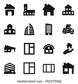 16 vector icon set : home, mansion, cottage, skyscraper, modern architecture, house with garage, window, house, real estate