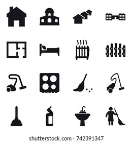16 vector icon set : home, mansion, houses, school, plan, bed, radiator, fence, vacuum cleaner, broom, plunger, toilet cleanser, water tap sink, brooming