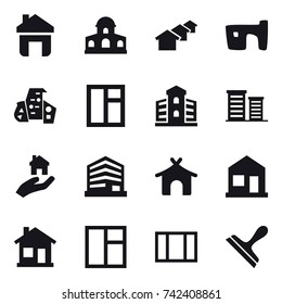 16 vector icon set : home, mansion, houses, slum, modern architecture, window, building, district, real estate, bungalow, scraper