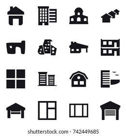 16 vector icon set : home, houses, mansion, slum, modern architecture, house with garage, modular house, window, district, house, hotel, garage
