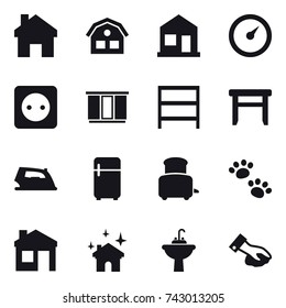16 vector icon set : home, house, barometer, power socket, wardrobe, rack, stool, iron, fridge, toaster, pets, house cleaning, water tap sink, wiping