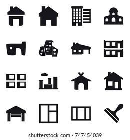 16 vector icon set : home, houses, mansion, slum, modern architecture, house with garage, modular house, panel house, city, bungalow, garage, window, scraper