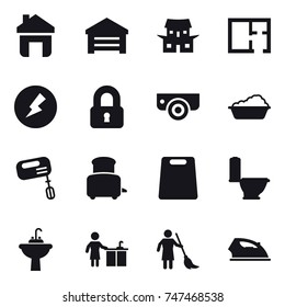 16 vector icon set : home, garage, japanese house, plan, electricity, locked, surveillance camera, washing, mixer, toaster, cutting board, toilet, water tap sink, kitchen cleaning, brooming, iron