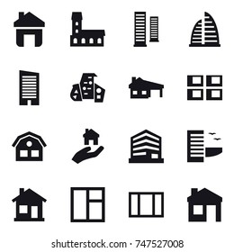 16 vector icon set : home, mansion, skyscrapers, skyscraper, modern architecture, house with garage, panel house, house, real estate, hotel, window