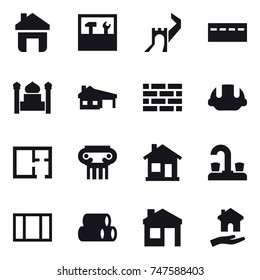 16 vector icon set : home, tools, greate wall, bunker, minaret, house with garage, brick wall, building helmet, plan, antique column, water tap, window, house, housing
