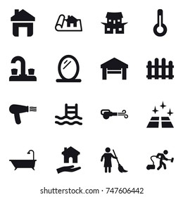 16 vector icon set : home, project, japanese house, thermometer, water tap, mirror, garage, fence, hair dryer, pool, blower, clean floor, bath, housing, brooming, vacuum cleaner