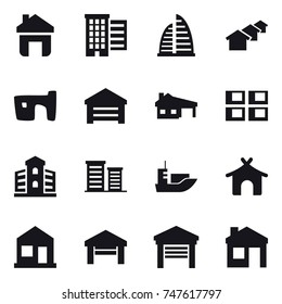 16 vector icon set : home, houses, skyscraper, slum, garage, house with garage, panel house, building, district, bungalow, house
