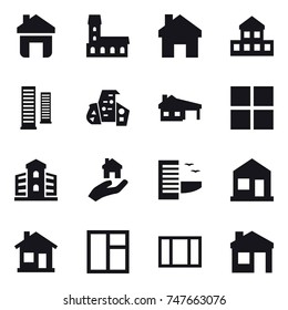 16 vector icon set : home, mansion, cottage, skyscrapers, modern architecture, house with garage, window, building, real estate, hotel, house