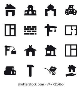 16 vector icon set : home, mansion, minaret, modern architecture, window, brick wall, tower crane, plan, bungalow, wheelbarrow, housing