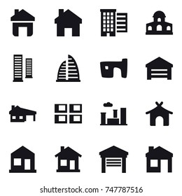 16 vector icon set : home, houses, mansion, skyscrapers, skyscraper, slum, garage, house with garage, panel house, city, bungalow, house