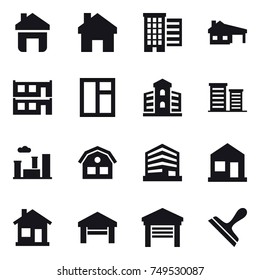 16 vector icon set : home, houses, house with garage, modular house, window, building, district, city, house, garage, scraper