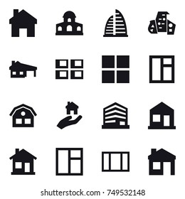 16 vector icon set : home, mansion, skyscraper, modern architecture, house with garage, panel house, window, house, real estate