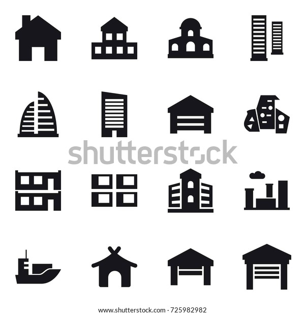 16 vector icon set : home, cottage,
mansion, skyscrapers, skyscraper, garage, modern architecture,
modular house, panel house, building, city,
bungalow