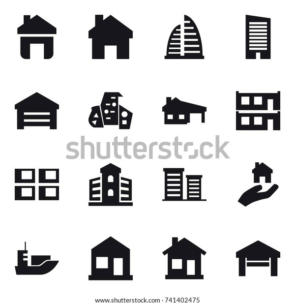 16 vector icon set : home, skyscraper,\
garage, modern architecture, house with garage, modular house,\
panel house, building, district, real\
estate