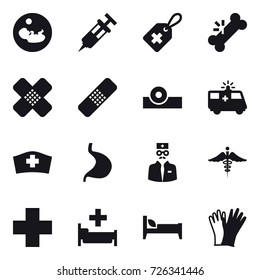 16 vector icon set : hospital, bed, gloves