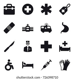 16 vector icon set : hospital, invalid, bed, syringe, gloves
