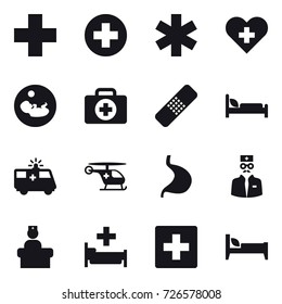 16 vector icon set : hospital, first aid, bed