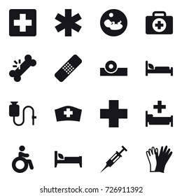 16 vector icon set : hospital, invalid, bed, syringe, gloves