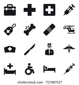 16 vector icon set : hospital, invalid, bed, syringe