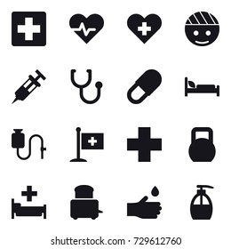 16 vector icon set : hospital, hand drop, liquid soap